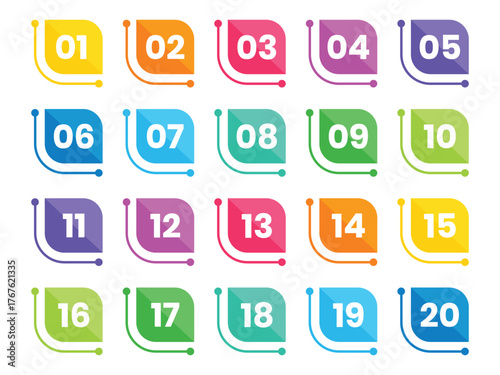 Modern Colorful Number Bullet Point List Icon Set From One to Twenty