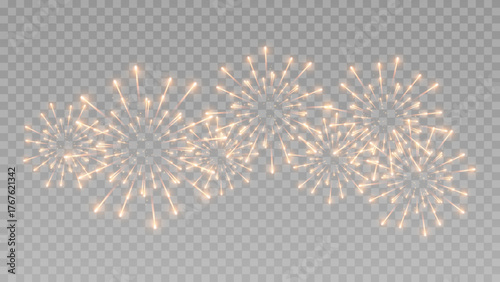Vector fireworks celebration, transparent PNG. Festive fireworks in night sky, transparent background.