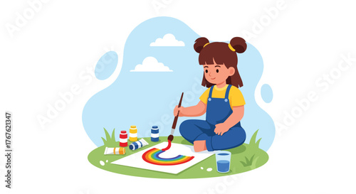 Adobe illustrator artwork vector illustration. A cheerful little girl with pigtails paints a vibrant rainbow on an easel outdoors, showcasing artistic creativity and childhood joy