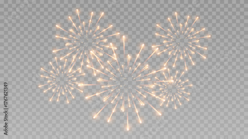 Festive fireworks in night sky, transparent background, Vector fireworks celebration, transparent PNG.