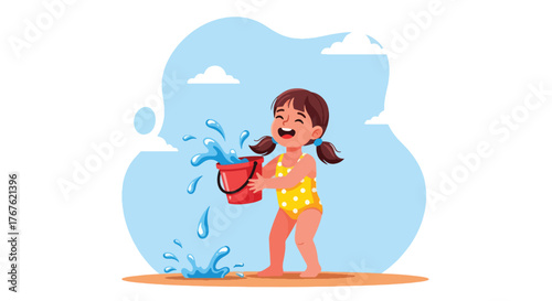 Adobe illustrator artwork vector illustration. A joyful little girl in a yellow swimsuit splashes water from a red bucket at the beach, embodying summer fun and playful childhood. Ideal for vacation a