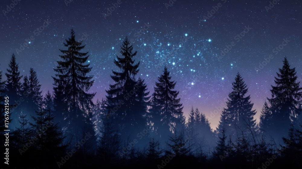 Naklejka premium Silhouettes of evergreen trees against a vibrant starry night sky with purple and blue hues