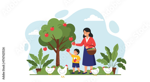 Adobe illustrator artwork vector illustration. A grandmother and grandson happily harvest fresh apples from a tree, with chickens nearby, depicting a wholesome farm and family activity. 