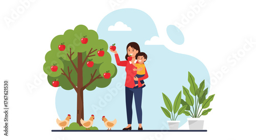 Adobe illustrator artwork vector illustration. A grandmother and grandson happily harvest fresh apples from a tree, with chickens nearby, depicting a wholesome farm and family activity. 