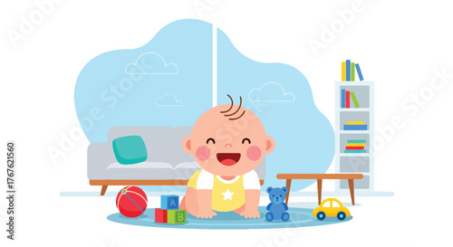 Adobe illustrator artwork vector illustration. A joyful baby crawls happily on a mat, surrounded by colorful toys and a houseplant, depicting early childhood development and play.