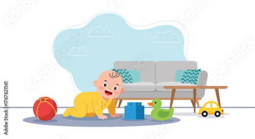 Adobe illustrator artwork vector illustration. A joyful baby crawls happily on a mat, surrounded by colorful toys and a houseplant, depicting early childhood development and play.