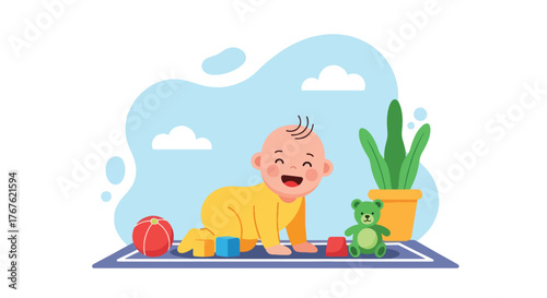 Adobe illustrator artwork vector illustration. A joyful baby crawls happily on a mat, surrounded by colorful toys and a houseplant, depicting early childhood development and play.