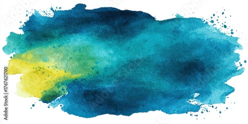 Abstract watercolor splash with yellow green and deep blue hues splattered on white background