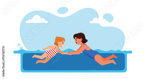 Adobe illustrator artwork vector illustration. A joyful mother teaches her child to swim in a pool, holding hands in a heartwarming moment of learning and bonding. 