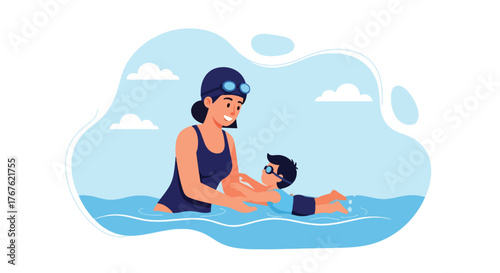 Adobe illustrator artwork vector illustration. A joyful mother teaches her child to swim in a pool, holding hands in a heartwarming moment of learning and bonding. 