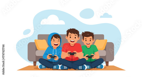 Adobe illustrator artwork vector illustration. Three happy boys are engrossed in playing video games on a colorful rug in a cozy living room