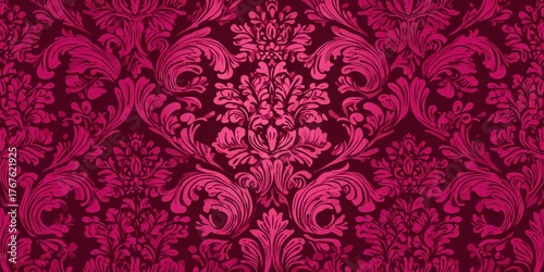 Ornate pink floral damask pattern detailed baroque swirls and acanthus leaves on dark background