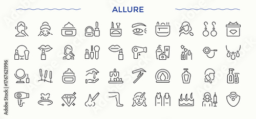 Allure icon set. Icons for UI designs. Editable stroke. Vector collection. Makeup modern icon set. Includes symbols for cosmetics product, cosmetic, makeup, skincare and more.