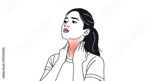 Line art illustration of a woman suffering from a sore throat, touching her painful and inflamed red neck