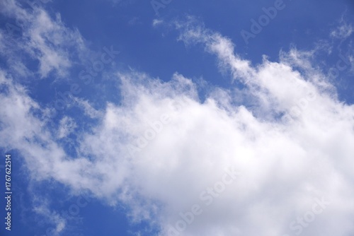 Blue sky with fluffy white clouds on a sunny day.