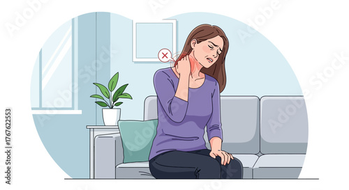 Young Woman Experiencing Neck Pain and Discomfort While Sitting on Sofa at Home, Indicating Muscle Strain or Health Issue Needing Attention
