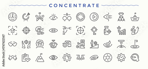 Concentrate icon set. Minimalist icons collection. Optometry linear icon set. Contains related to optometry, optical, hospital, sight, optometrist, eyesight and more.