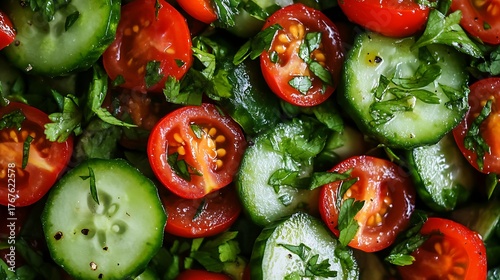 Close up of a fresh salad with tomatoes and cucumbers for healthy eating