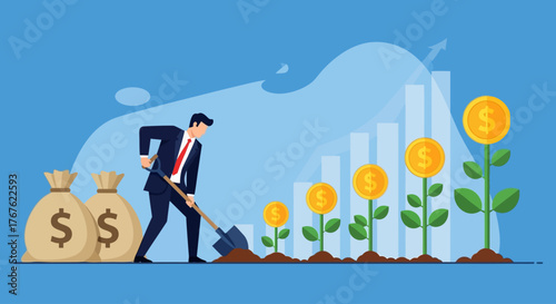 Businessman Investing & Growing Money Plants: Financial Growth Strategy