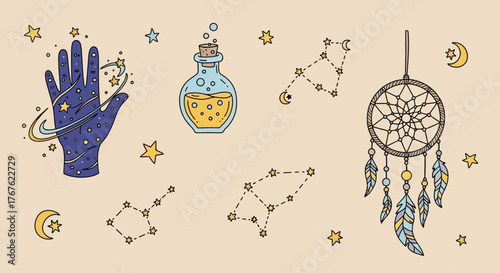 Mystical celestial themed assortment featuring magic hands potion dreamcatcher constellations and