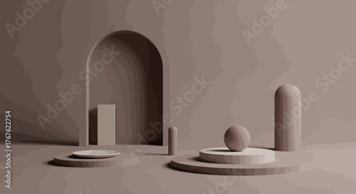 Minimalist geometric shapes on monochrome background with soft lighting