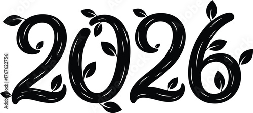 Artistic vector illustration of 2026 number decorated with organic leafy elements scalable graphic