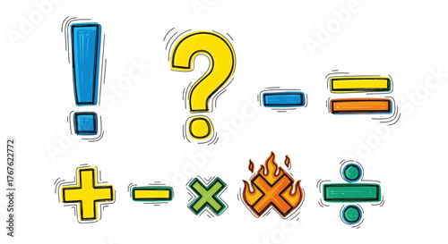 Playful mathematical symbols and operations illustrated in vibrant, cartoonish doodle style