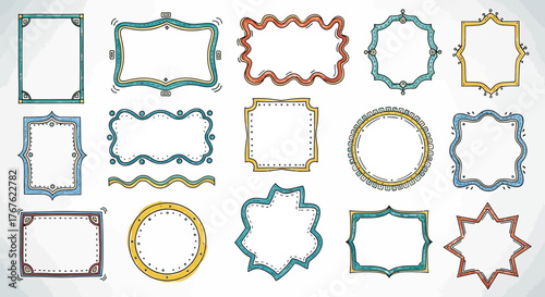 Collection of fanciful decorative frames and borders in varied shapes and colors, suitable for