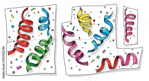 Whimsical celebration: a cartoon illustration of colorful confetti and streamers for a festive event