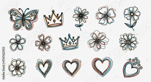 Hand drawn illustrations featuring floral elements, hearts, crowns and a butterfly with diverse