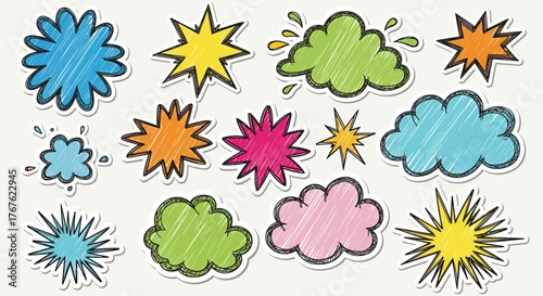 Energetic hand-drawn doodle stickers bursts of color whimsical design playful spontaneity