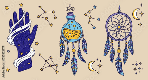 Mystical elements: hand with stars, potion bottle, and dreamcatcher vector illustration