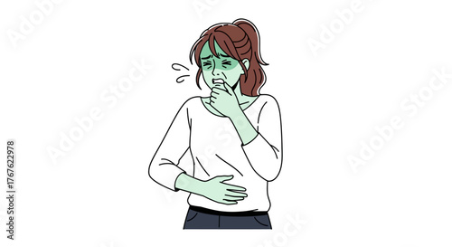 Woman feeling unwell, experiencing nausea and discomfort, possibly due to illness or food poisoning