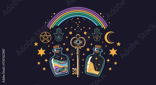 Mystical Arrangement of Symbols: Rainbow, Key, Hands, Moon, Stars, and Magic Potion Bottles