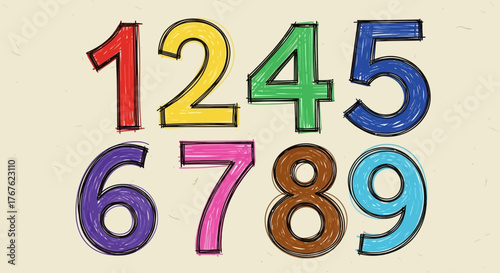Vibrant and playful hand-drawn numbers arranged creatively representing learning mathematics