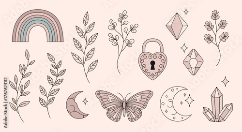 Delicate hand-drawn collection of mystic elements with nature-inspired and romantic concepts