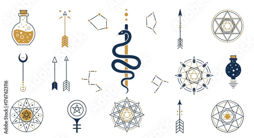 Mystical elements arrangement featuring esoteric alchemy symbols and astrological constellations