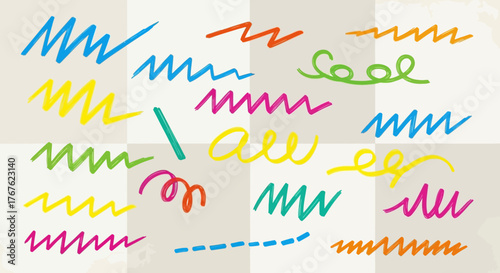 Vibrant scribbles and doodles on checkered backdrop, showcasing playful color variations and