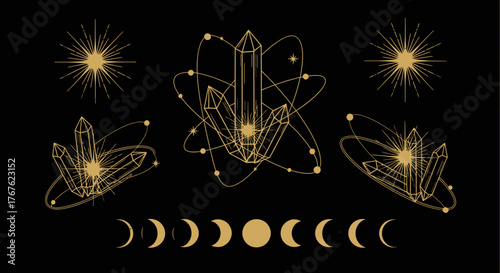 Celestial Alignment: Golden Crystal Clusters and Lunar Phases on a Midnight Backdrop