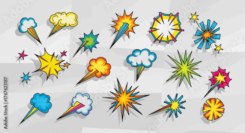 Vibrant Pop Art Explosions Set: Comic Style Cartoon Burst Collection on Abstract Background