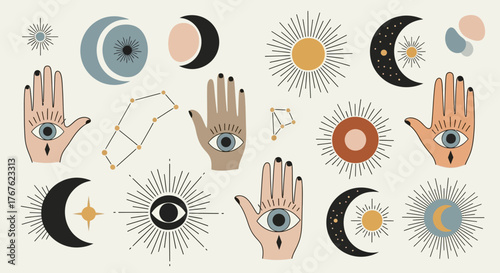 Mystical celestial elements and hands with eyes seamless pattern vector background