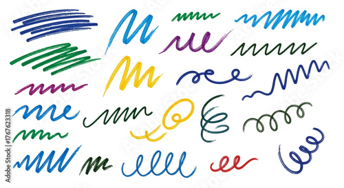 Playful assortment of colorful hand drawn lines and doodles expressing artistic creativity, and
