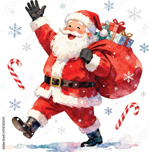 Watercolor Smiling Santa Claus with Gift Sack and Candy Canes Illustration