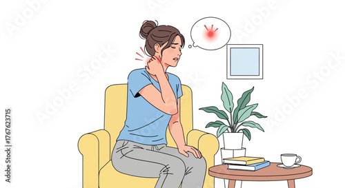 Young woman experiencing severe neck and shoulder pain, sitting uncomfortably on an armchair at home with health issues