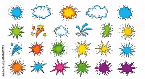 Whimsical doodle elements bursting with vibrant colors and dynamic shapes perfect for playful