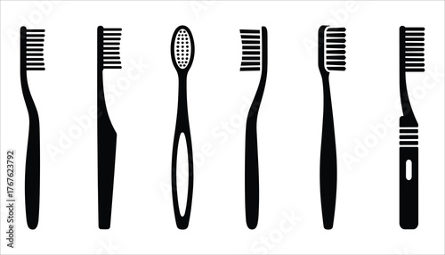Six black toothbrush silhouettes on a white background dental hygiene oral care