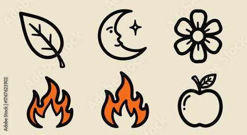 Hand-Drawn Nature Elements Featuring a Leaf, Moon, Flower, Flames, and Apple Illustration