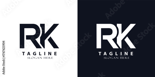 A minimalist logo design featuring the letters RK in a bold, modern font, presented on both white and dark backgrounds.