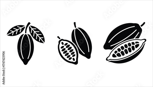 Black and white graphic icons of cocoa pods and leaves cacao bean