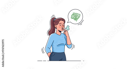 Young Woman Experiencing Nausea, Dizziness, and General Sickness, Expressing Physical Discomfort and Mental Unease with Swirling Thought Bubble